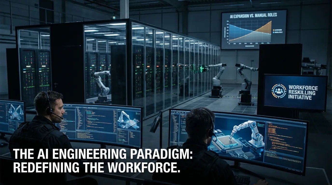 Ultra-realistic technology industry newsroom visual showing AI-driven workforce transformation, advanced server infrastructure, engineers working with AI systems, coding environments, robotics dashboards, semiconductor hardware, and futuristic digital operations. Cinematic editorial photography styl