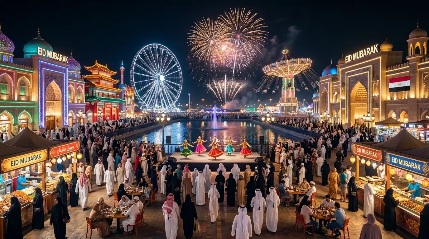 Crowds of families and tourists walking through Dubai Global Village at night surrounded by colorful cultural pavilions, carnival rides, international food stalls, and festive Eid decorations.