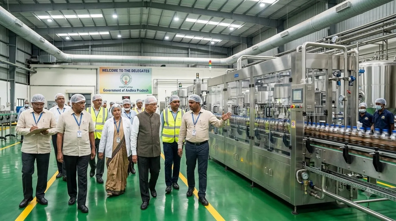 APPCB Chairman Dr. P. Krishnaiah and District Collector Dr. A. Siri inspecting operations at the Reliance Consumer Products plant in Kurnool.