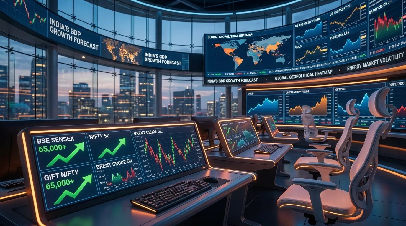 Ultra-realistic global stock market trading environment with Indian market indicators, oil price volatility, and financial trading activity influenced by geopolitical developments.