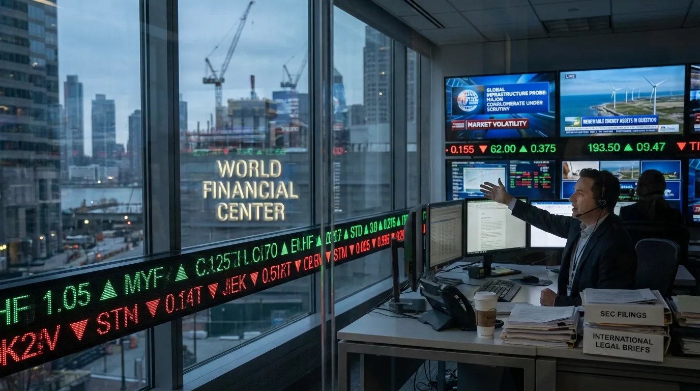 Ultra-realistic cinematic financial news image showing global stock market visuals, Indian business conglomerate infrastructure, legal investigation themes, financial trading screens, renewable energy projects, and international corporate regulation concepts.