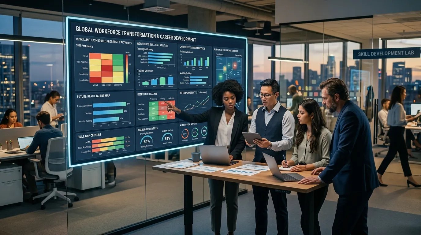 Professional employees collaborating with AI-powered workplace tools during a digital transformation initiative.
