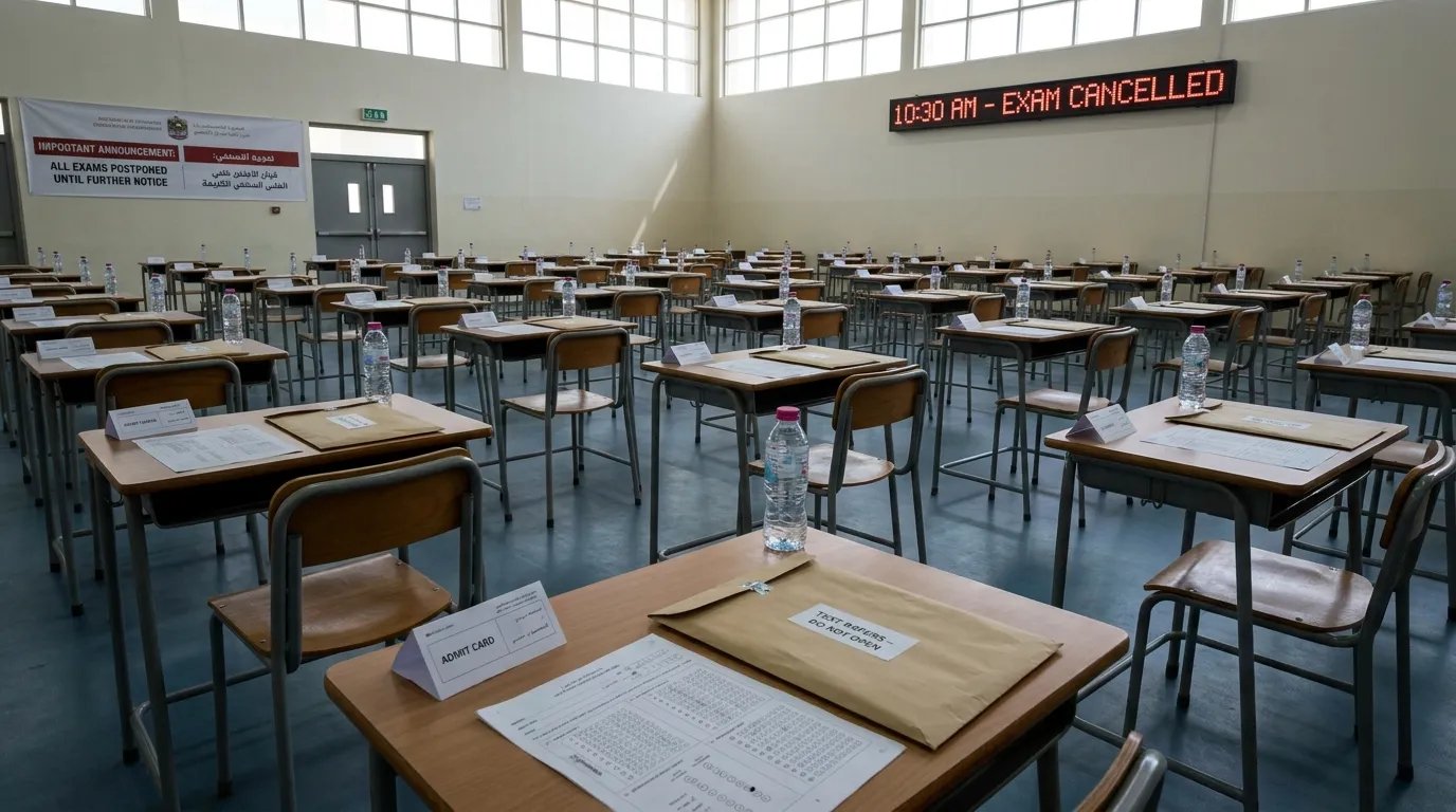 Examination hall with empty desks and sealed test papers after exam cancellation announcement, realistic educational atmosphere with abandoned answer sheets, subdued lighting, and tense academic environment symbolizing student uncertainty.