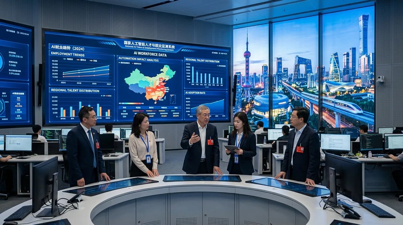 Chinese policymakers reviewing artificial intelligence and employment data as part of a national workforce planning initiative.