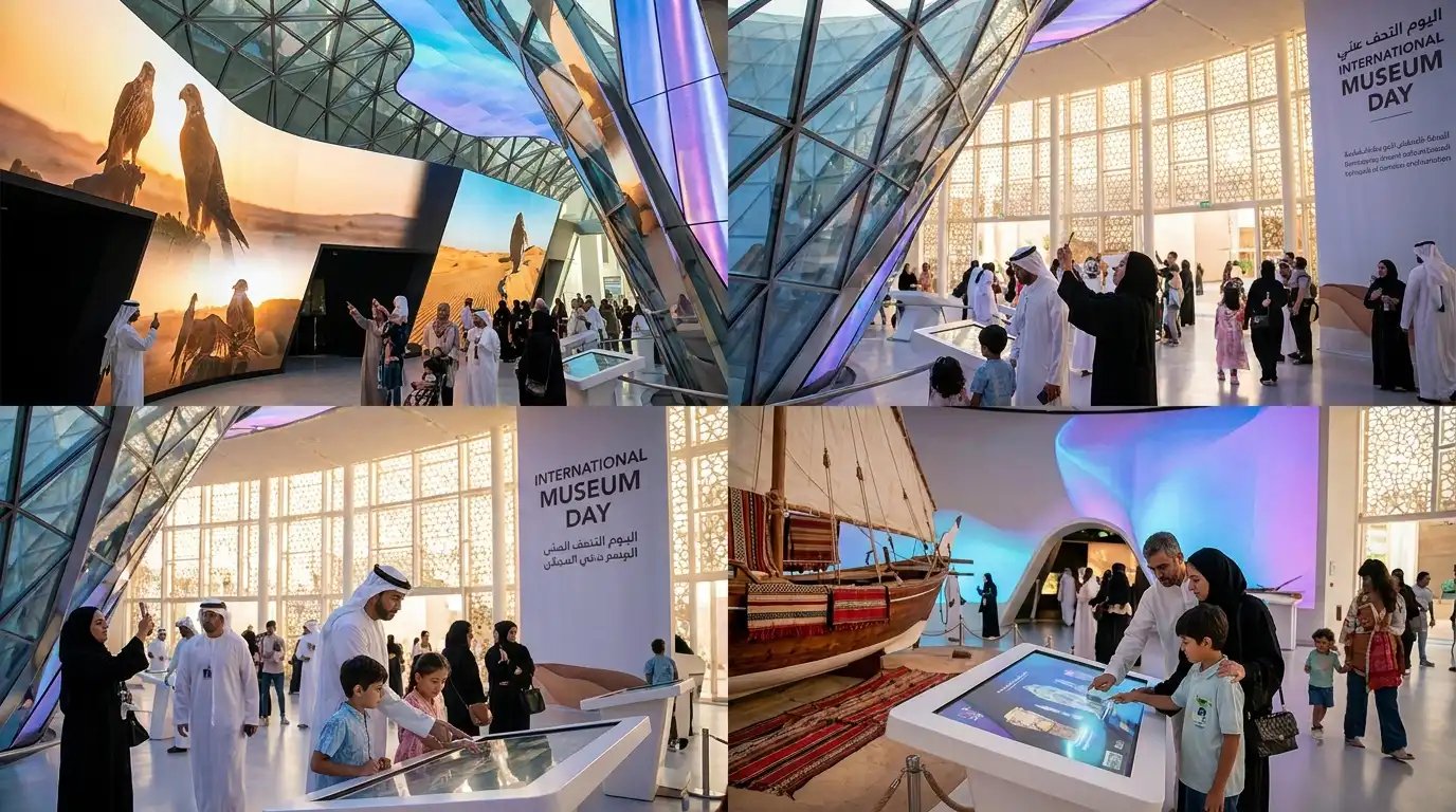 Visitors exploring immersive storytelling exhibits inside Expo City Dubai featuring desert heritage displays, futuristic architecture, cultural installations, and interactive museum experiences.