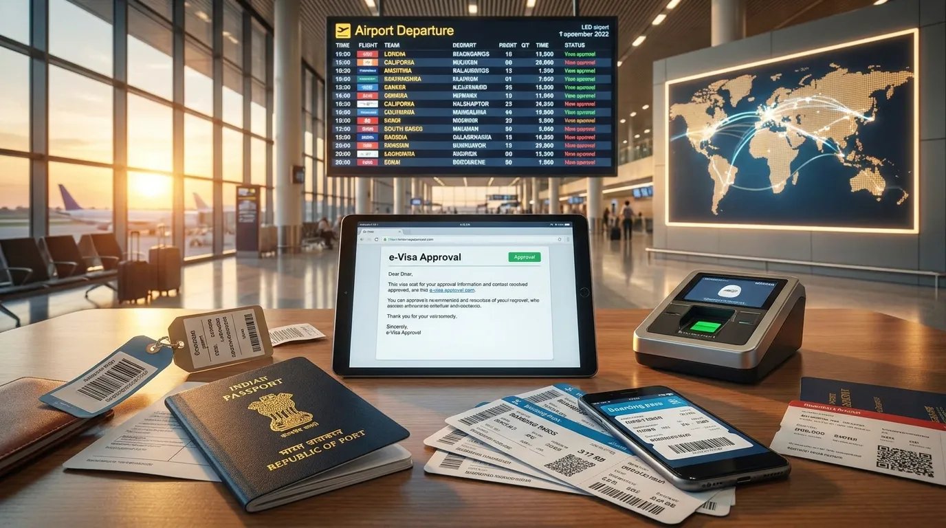 Indian passport placed beside international boarding passes, digital e-visa approval screens, world travel map, and airport departure displays, symbolizing modern global travel and electronic visa access.