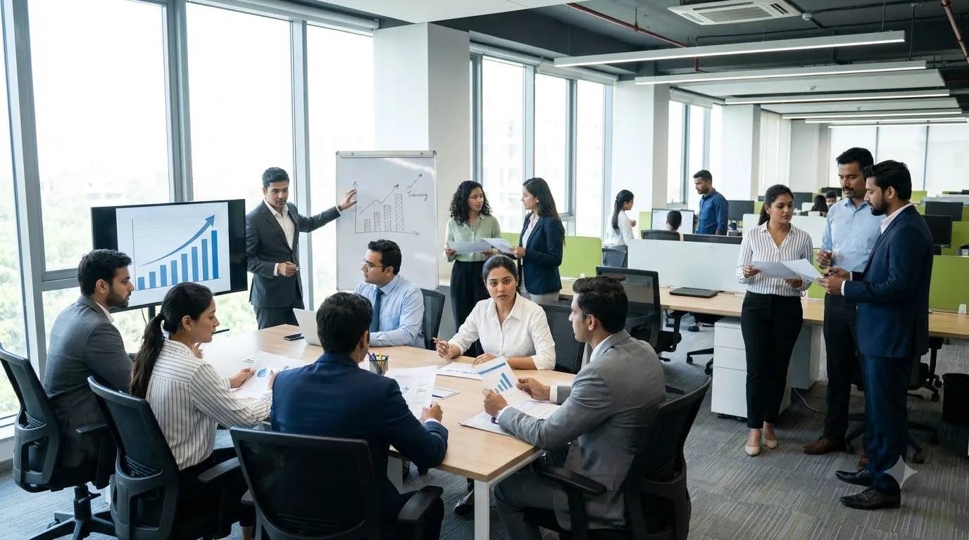 Indian professionals in a modern workplace representing stronger hiring plans and employment growth in India.