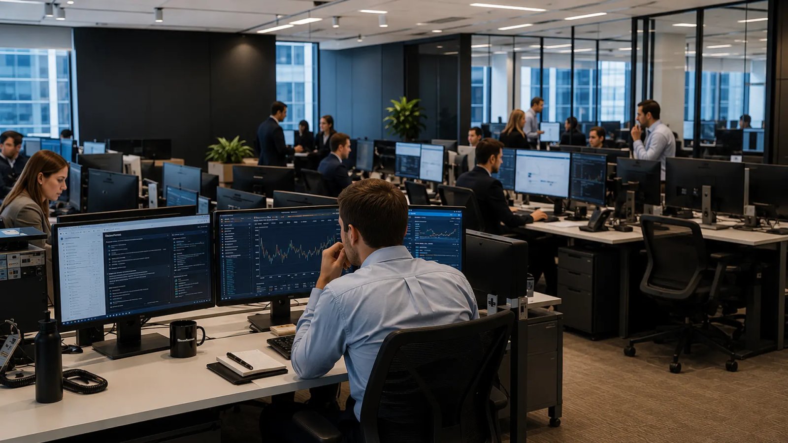 Office employees working at BlackRock as the asset management firm implements workforce reductions across multiple business units.