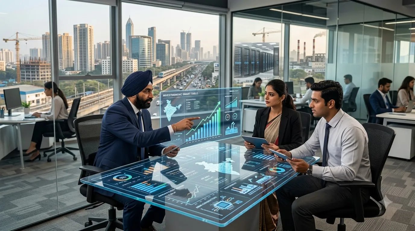 Indian business professionals reviewing economic growth and private-sector investment data in a modern corporate setting