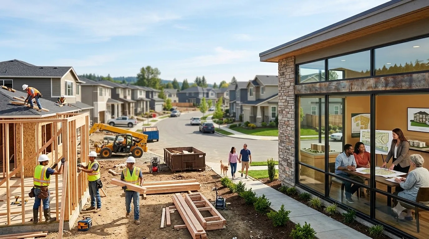 US workers and a modern residential housing development representing employment trends and new home sales.