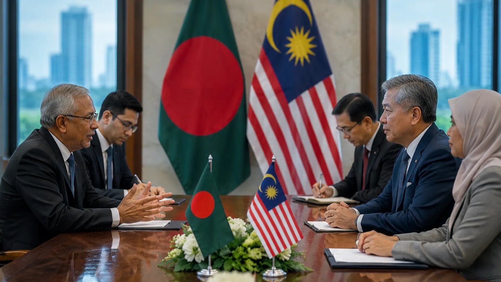 Bangladesh Prime Minister Tarique Rahman and Malaysian Prime Minister Anwar Ibrahim during bilateral discussions on labour mobility and economic cooperation in Kuala Lumpur.