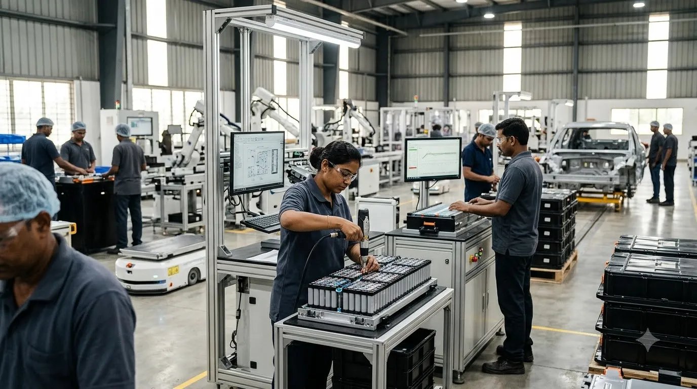 Indian workers manufacturing electric vehicle batteries in a modern industrial facility