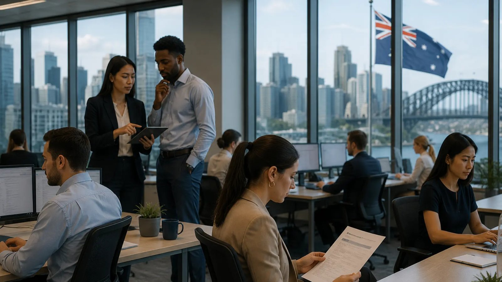 Office employees working at computers in a modern Australian workplace.