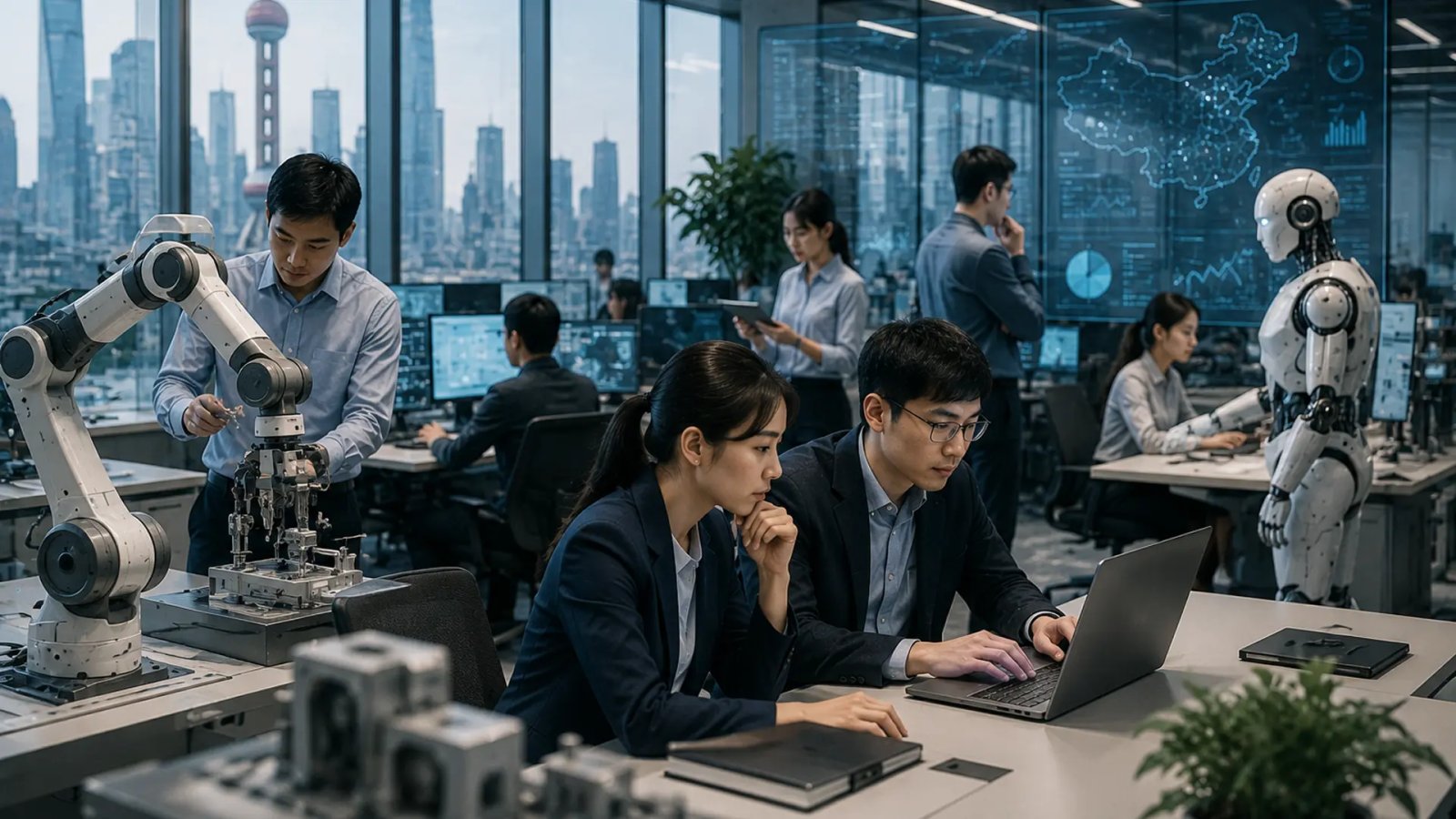 Illustration of AI technology and robotics in a Chinese corporate environment, highlighting the balance between automation, innovation, and workforce protection