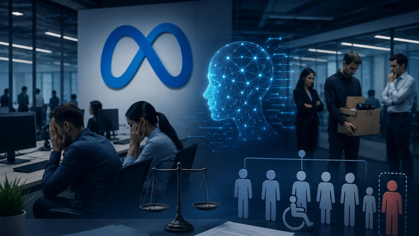 Meta logo displayed alongside an illustration representing artificial intelligence and workplace layoffs.