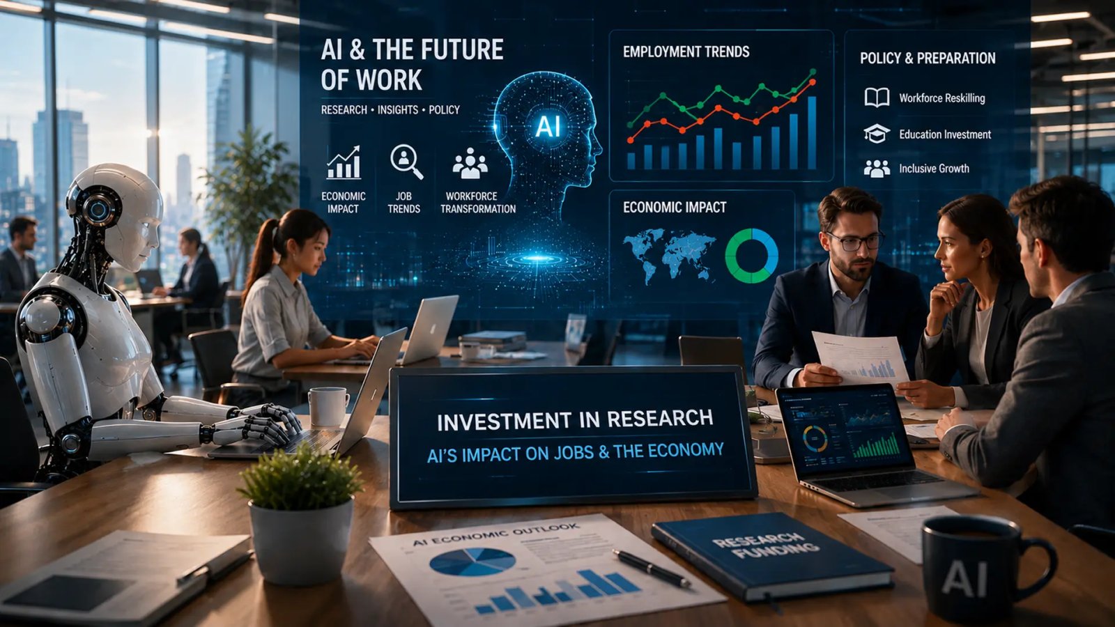 Conceptual illustration of artificial intelligence, workforce transformation, and economic policy research.