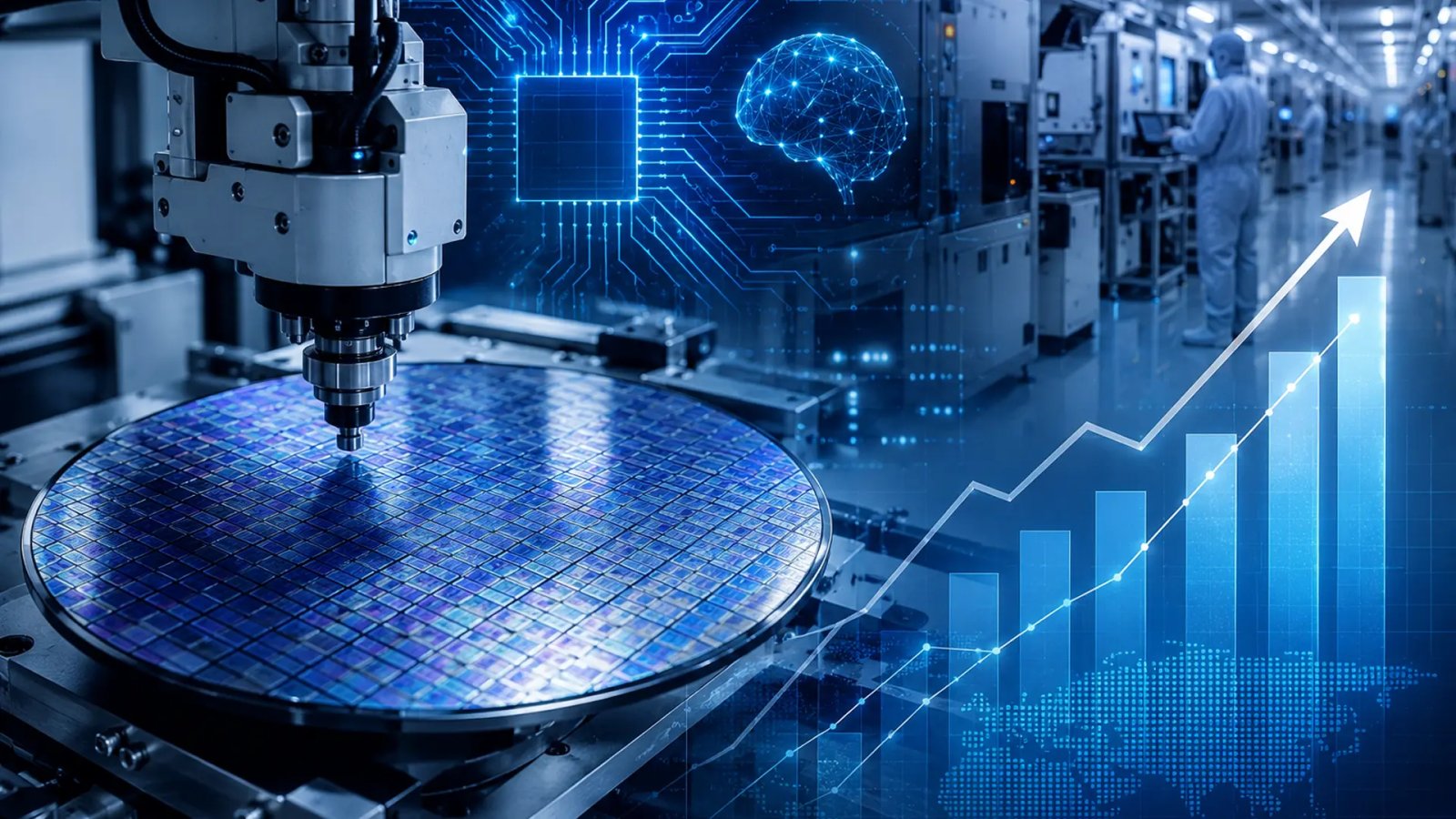 TSMC headquarters with semiconductor-themed visual representing record quarterly revenue driven by AI chip demand.