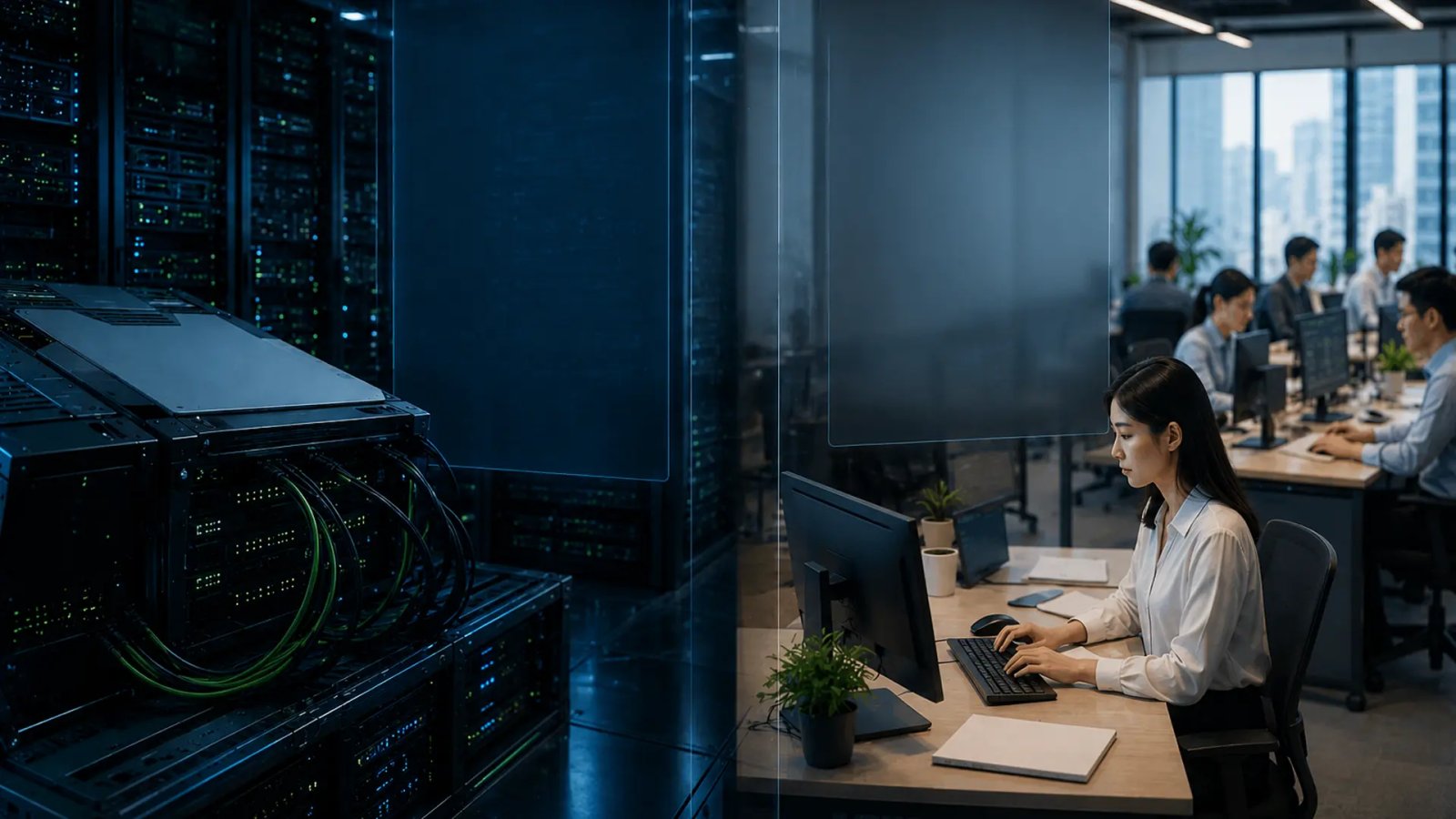 Artificial intelligence infrastructure and data center technology representing the growing cost of AI adoption compared with human labor.
