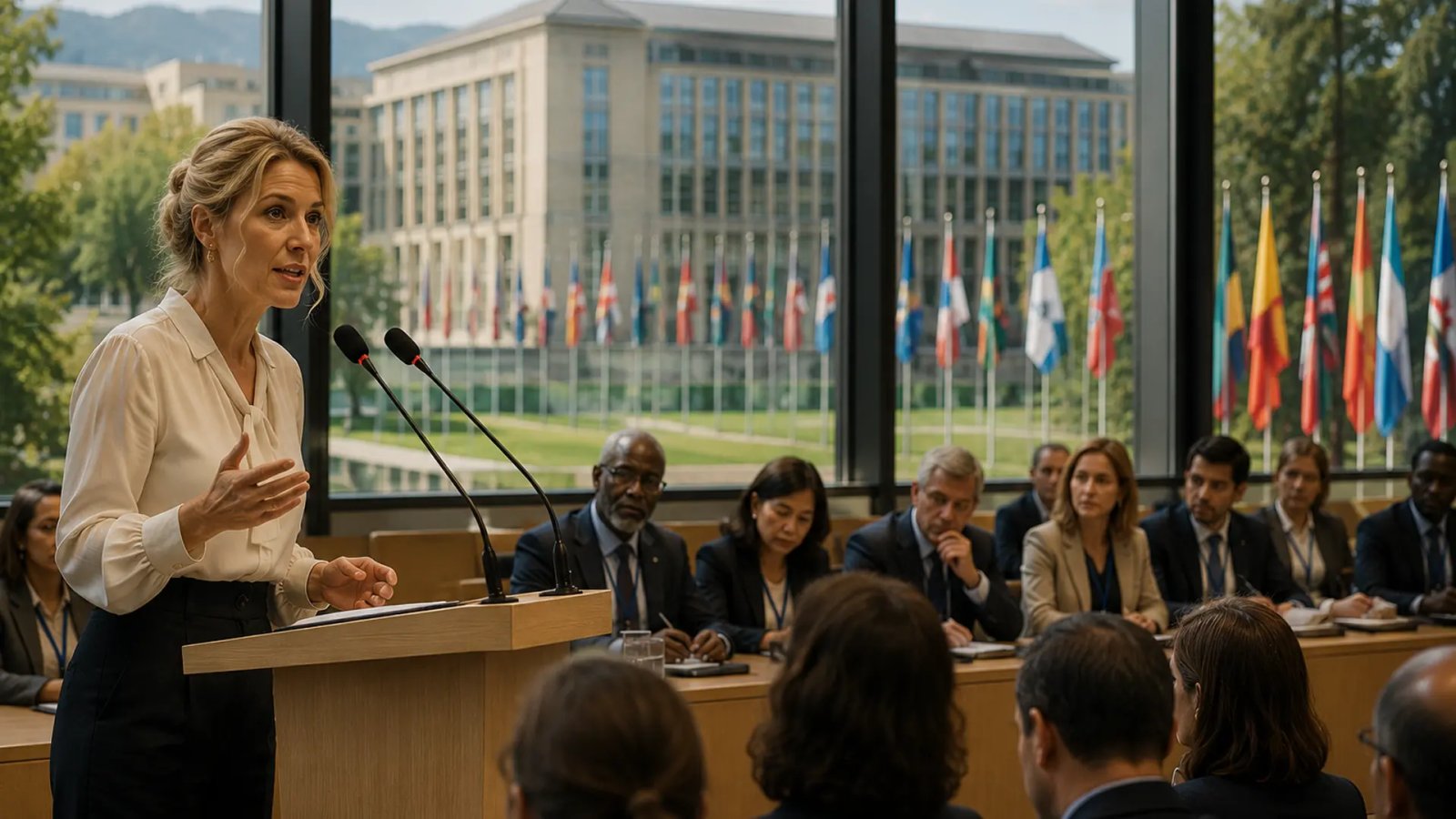 Spanish Labour Minister Yolanda Díaz speaking at a public event as the International Labour Organization headquarters in Geneva is referenced in the background.