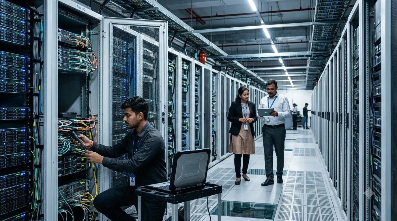 Professionals working in a modern Indian data centre facility, representing growing employment across technical and non-technical roles.