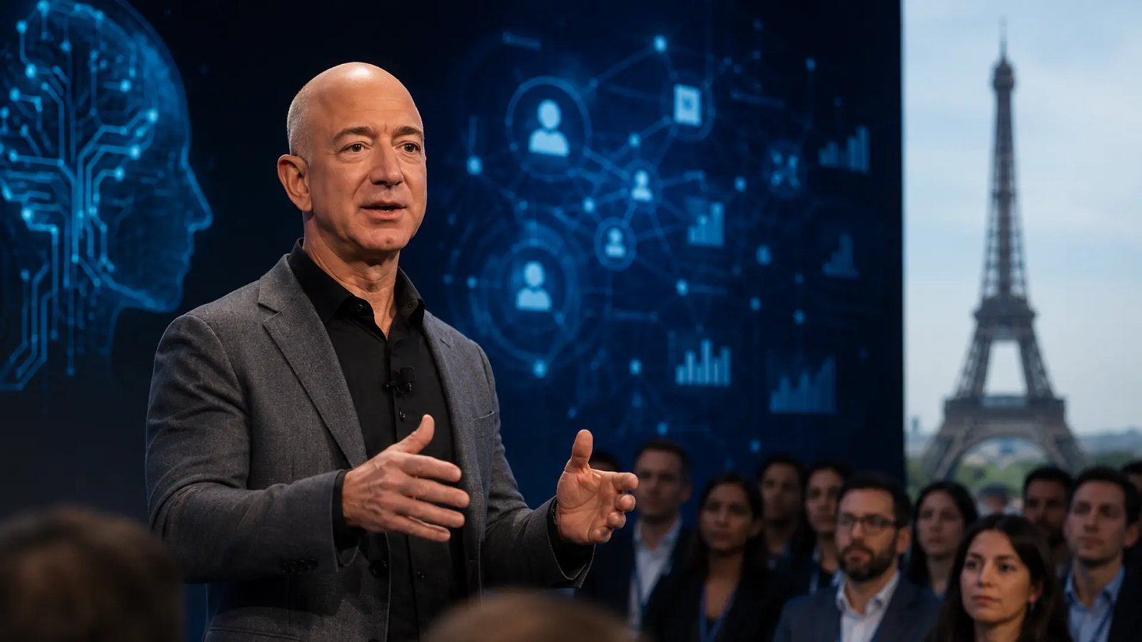 Jeff Bezos speaking on stage at the VivaTech technology conference in Paris while discussing artificial intelligence, jobs, and future space exploration.