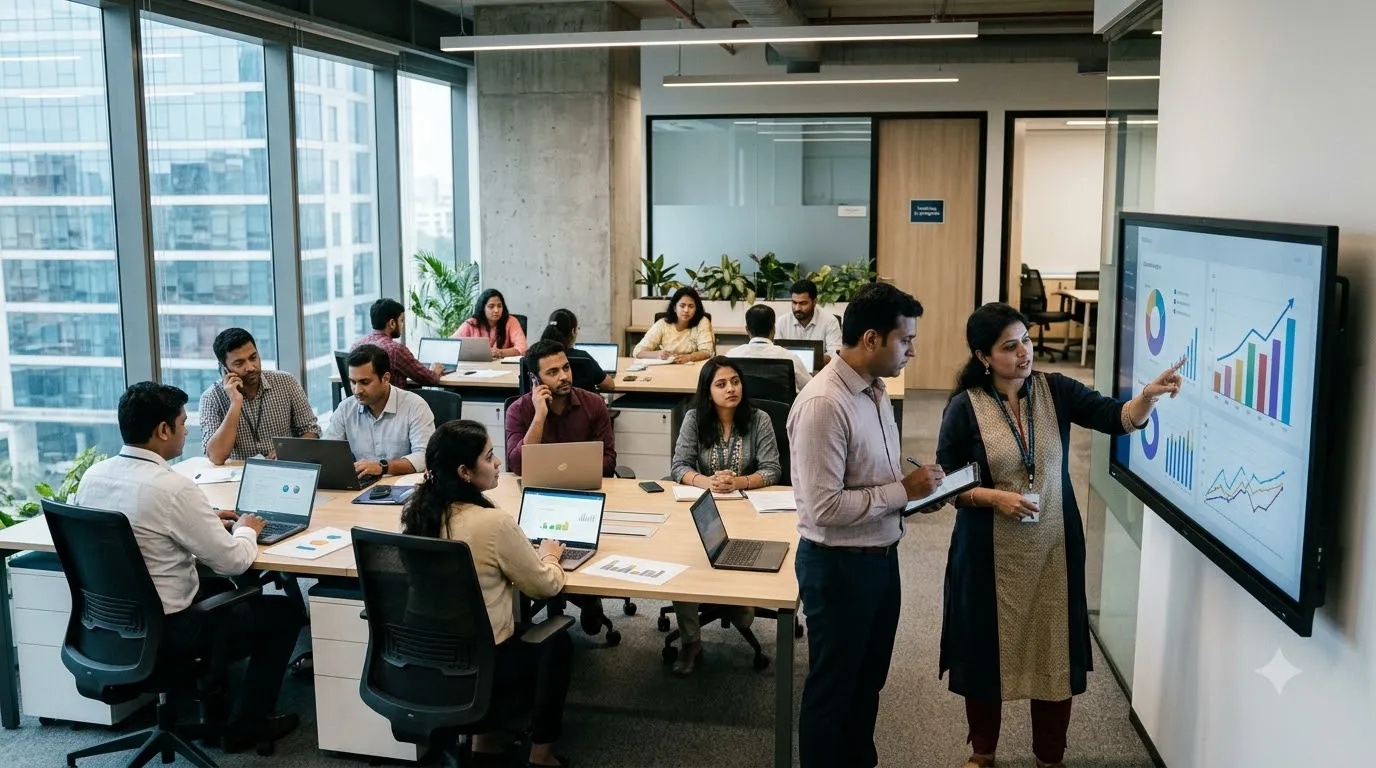 Indian business professionals working in a modern office environment, representing services-sector activity and employment growth.