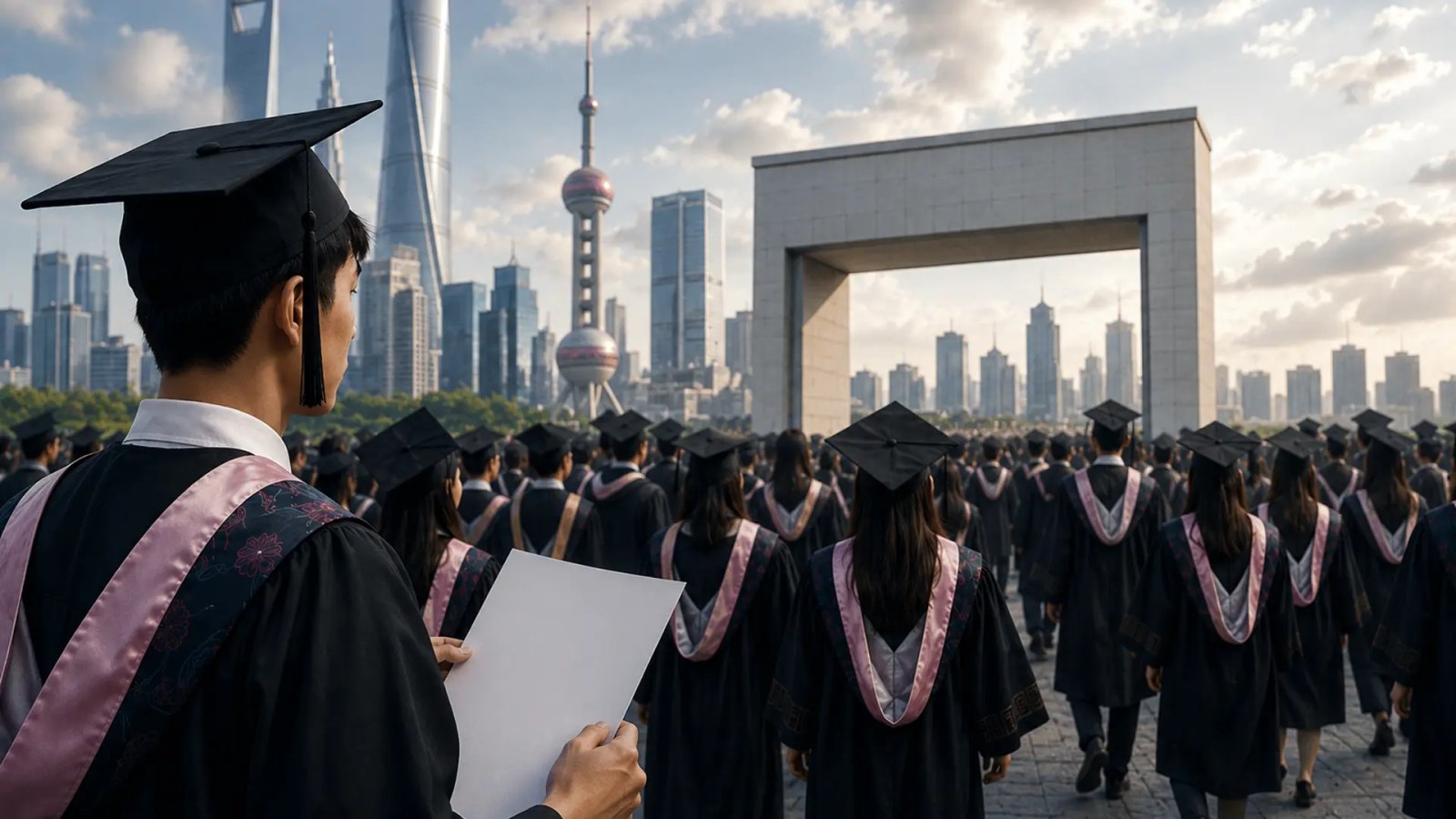 Chinese university graduates attending a graduation ceremony while facing a competitive job market.