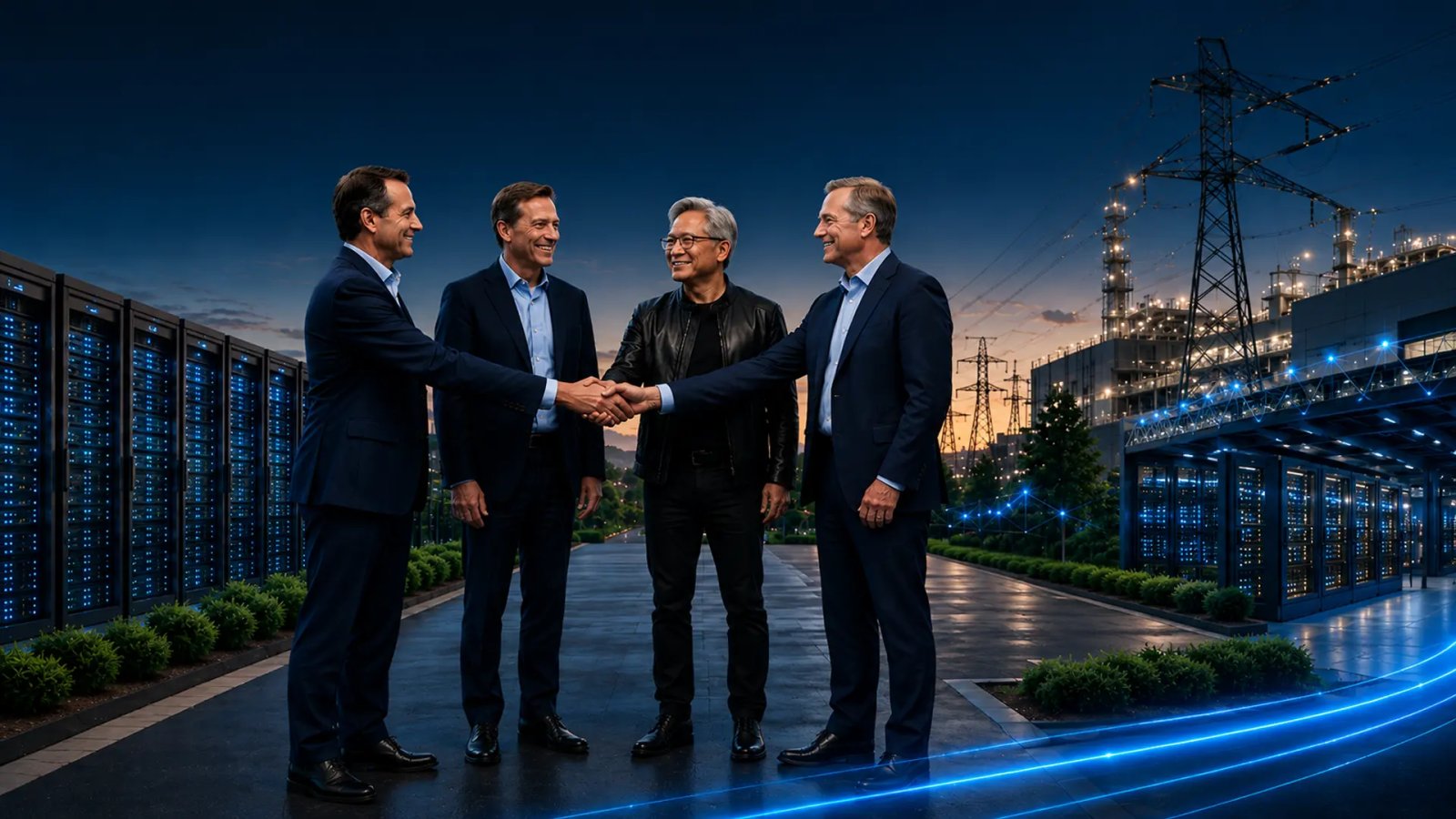 A digital infrastructure facility featuring large-scale AI data centers, server systems, and power networks supporting artificial intelligence computing workloads.