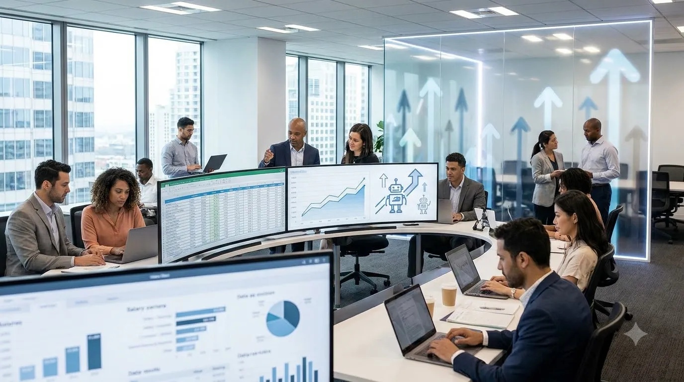 US professionals working with AI technology in a modern workplace, representing changes in jobs, salaries and AI-driven employment trends.