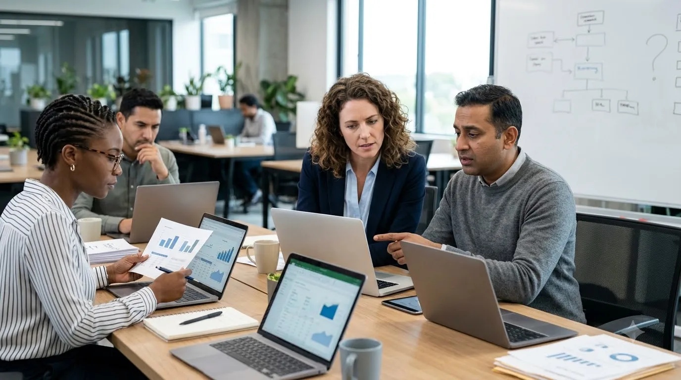 Professionals working with AI and digital technology in a modern Philippine outsourcing workplace