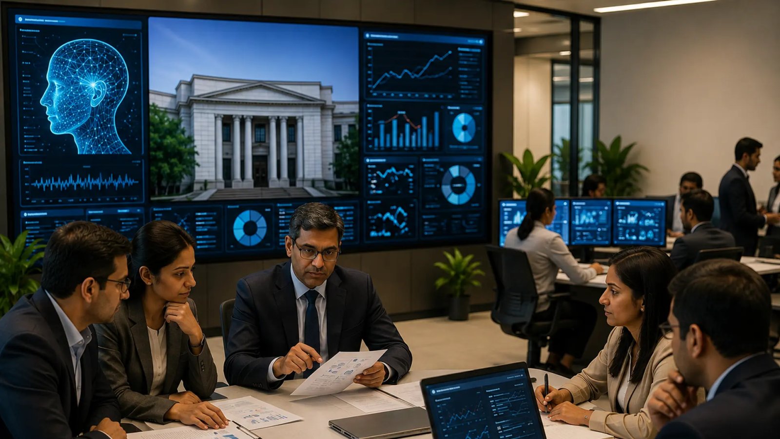 Illustration of banking professionals reviewing AI risk management systems and compliance controls under new RBI guidelines.