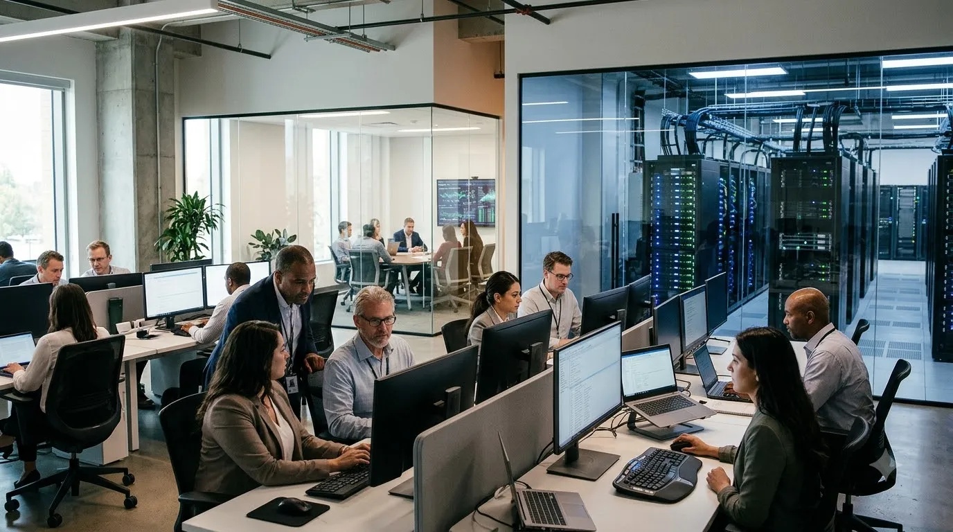 Oracle employees and office setting representing job cuts alongside growing investment in AI infrastructure.