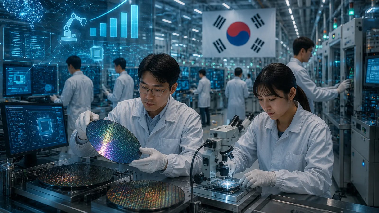 Employees working inside a modern semiconductor manufacturing facility in South Korea with advanced chip production equipment.