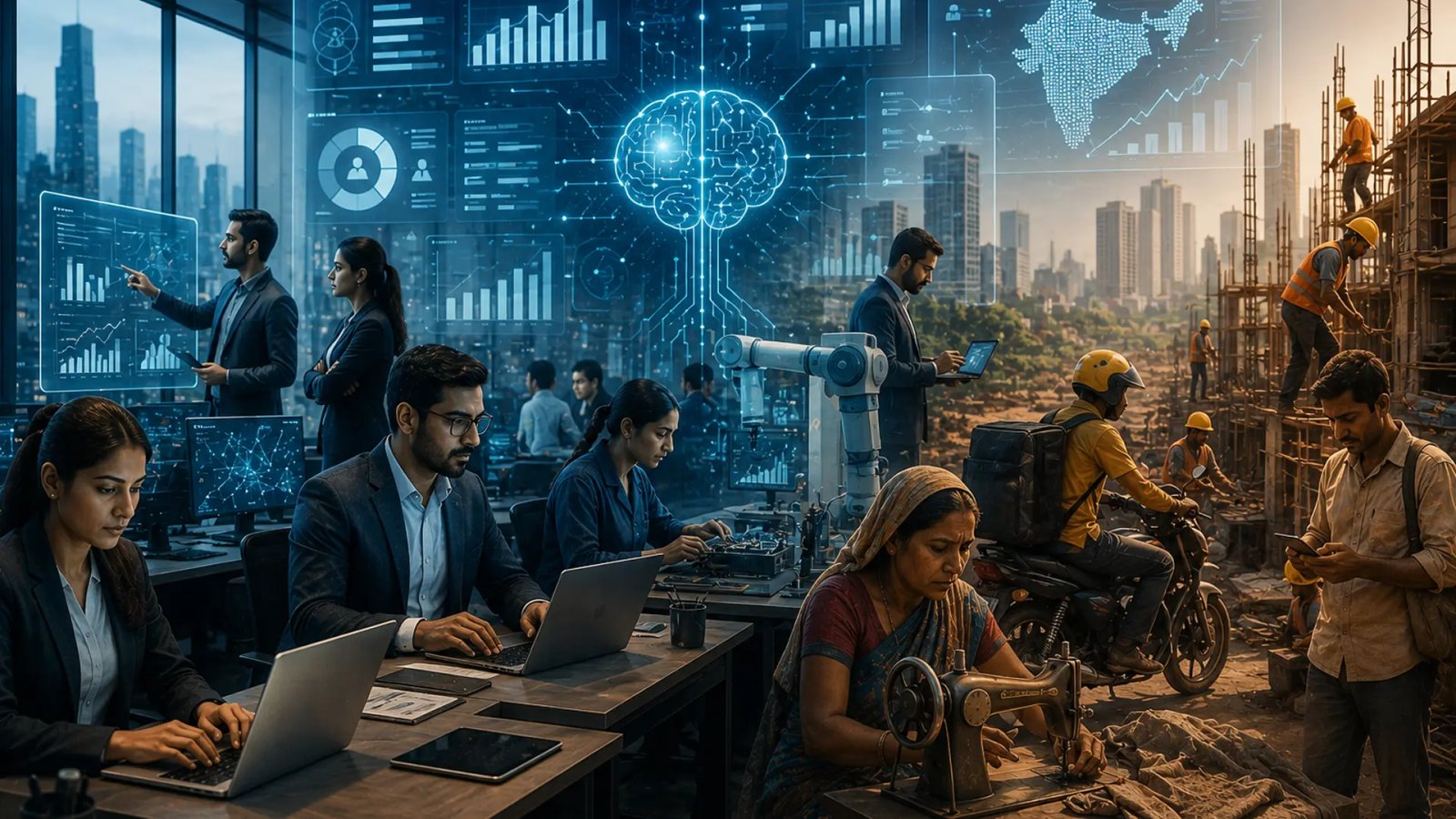 Indian professionals and workers represented across different skill levels, with digital AI technology and employment trends displayed in the background.