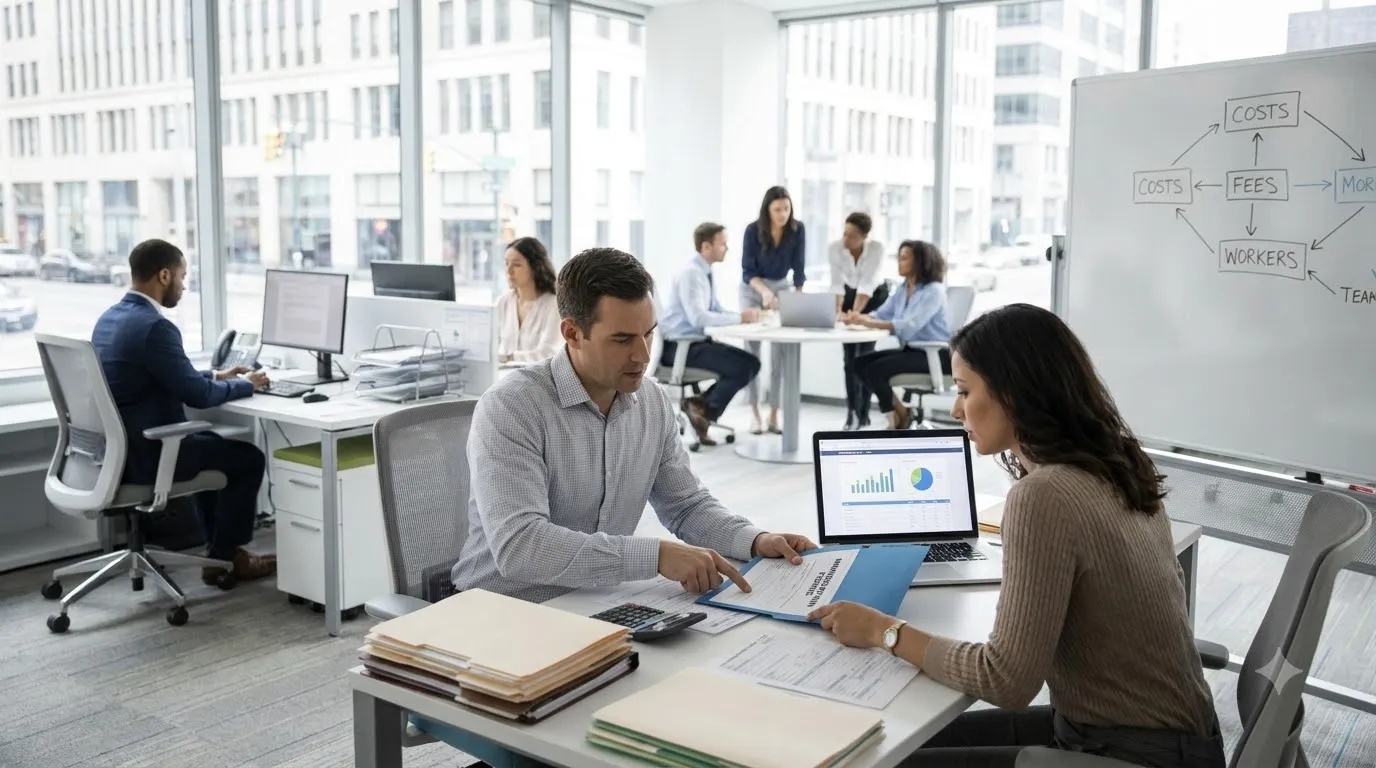 US employers reviewing H-1B and L-1 visa paperwork and employment costs in a corporate office