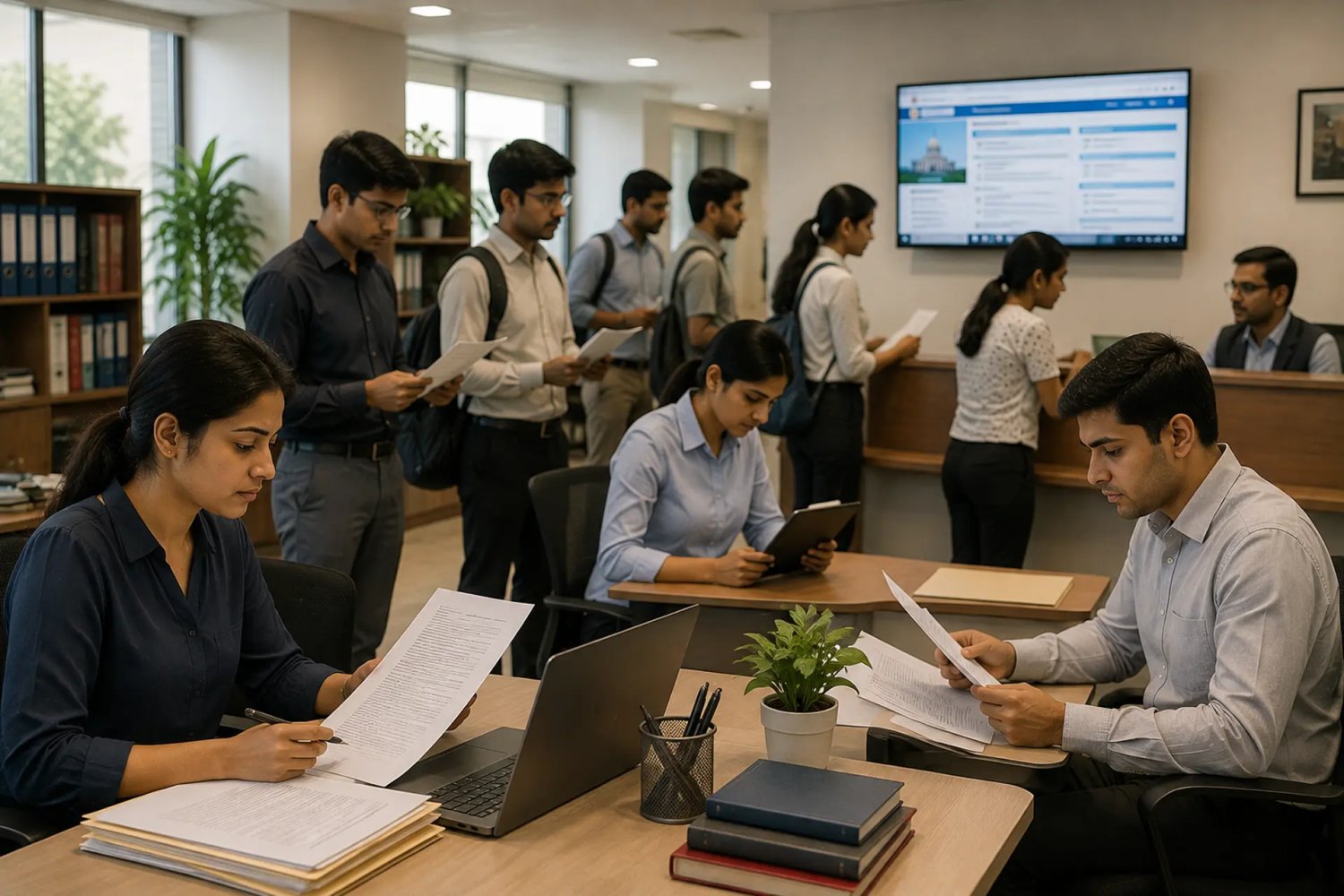 A professional government recruitment concept showing candidates and administrative work related to Central Government job opportunities.