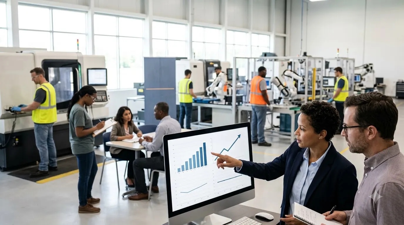 U.S. professionals reviewing employment and job market data in a modern workplace