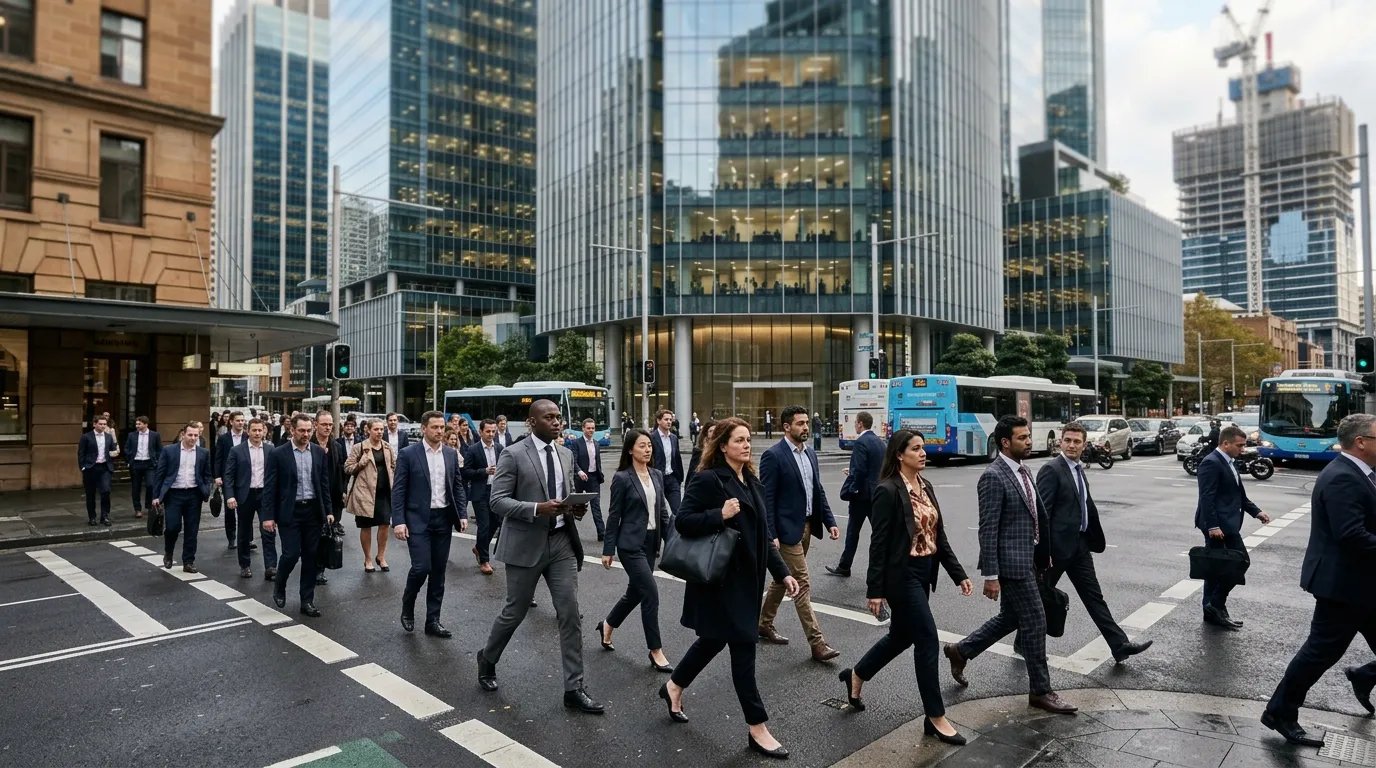 Employees walking through Sydney's central business district as Australia's labour market records stronger job growth in May