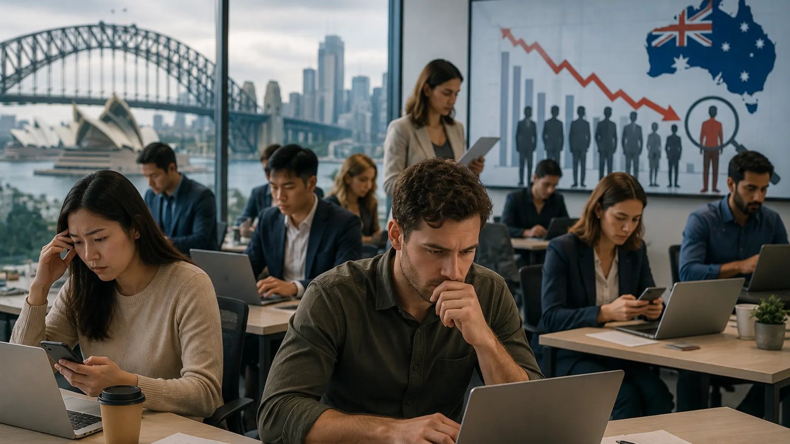 Professionals reviewing job opportunities on laptops as competition for available roles increases in Australia's cooling labour market.