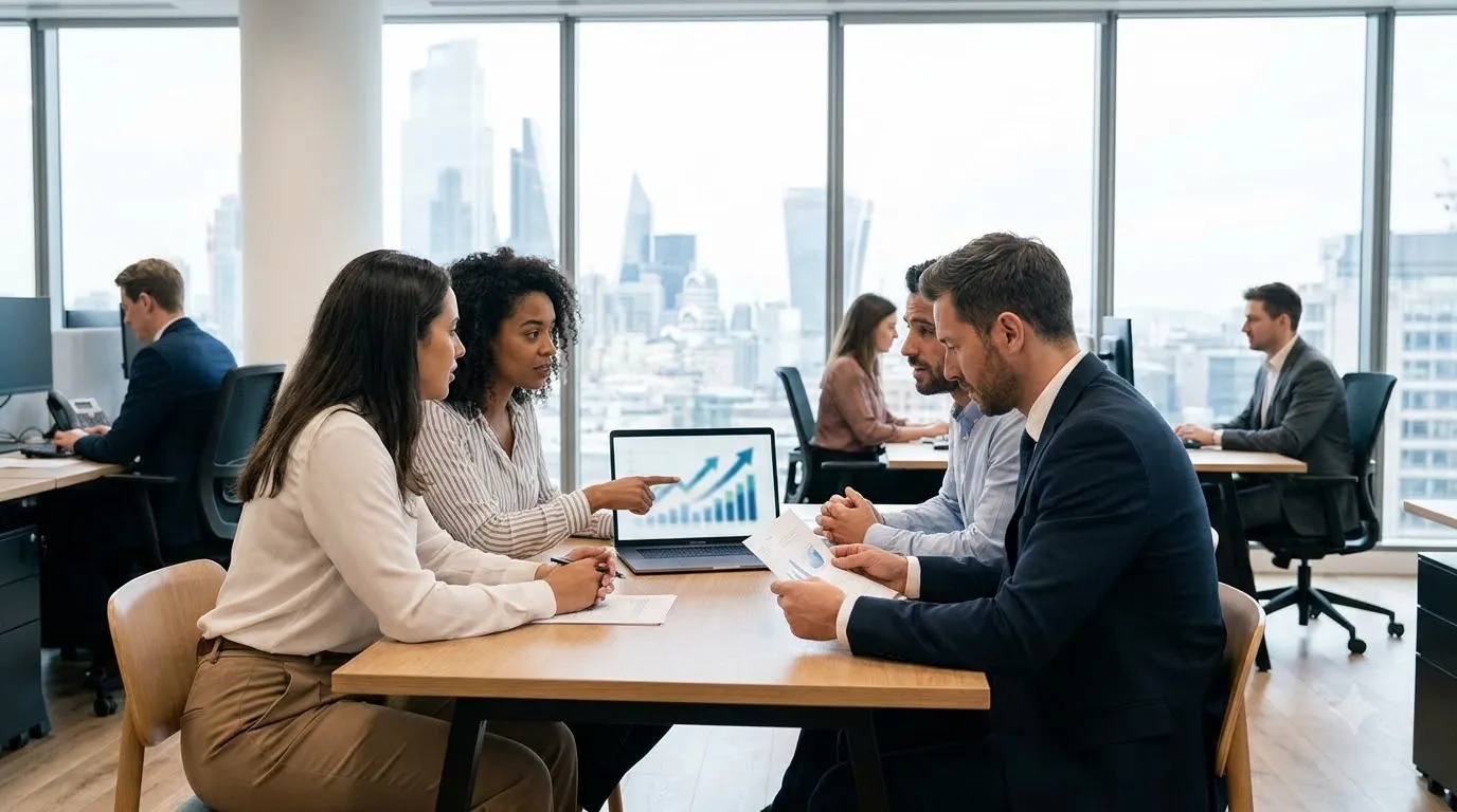 Professionals in a UK office workplace representing an improvement in permanent hiring and employment activity