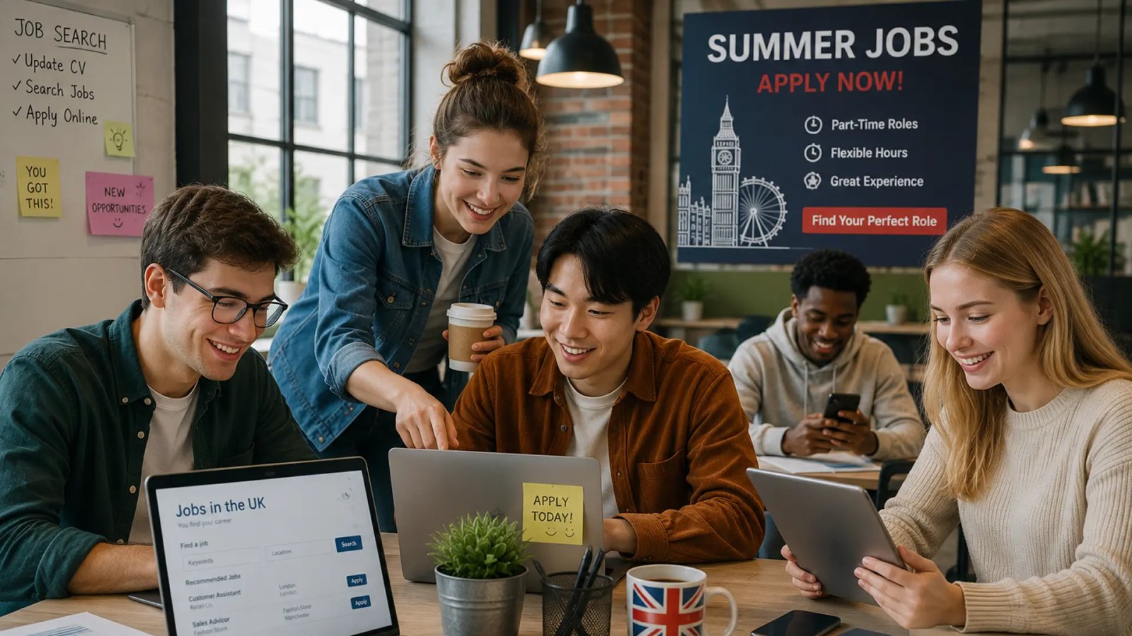 Young job seekers reviewing employment listings as UK summer job vacancies decline.